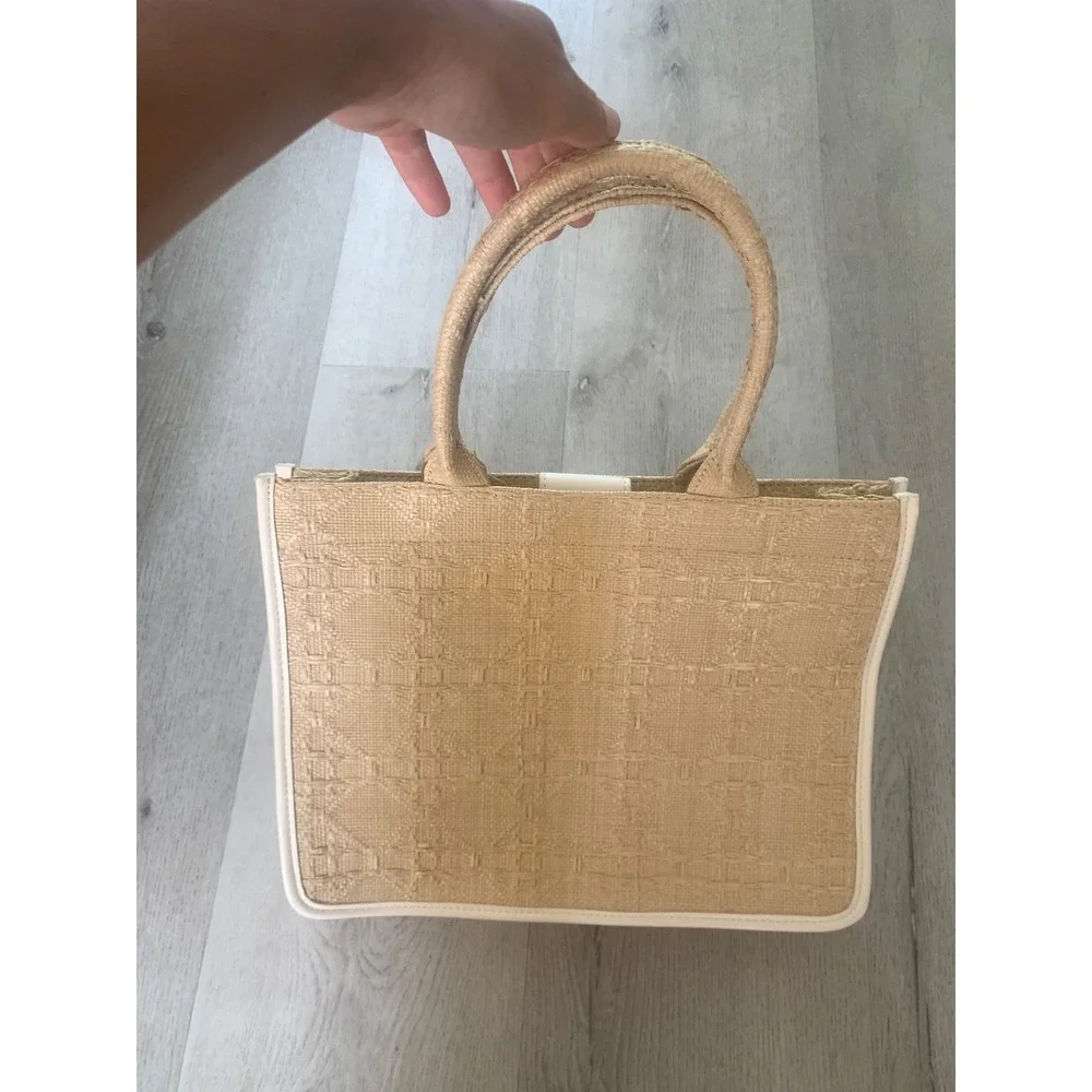 Antik Kraft‎ Woven Straw Tote Bag Beige Cream Geometric Coastal Boho Handbag